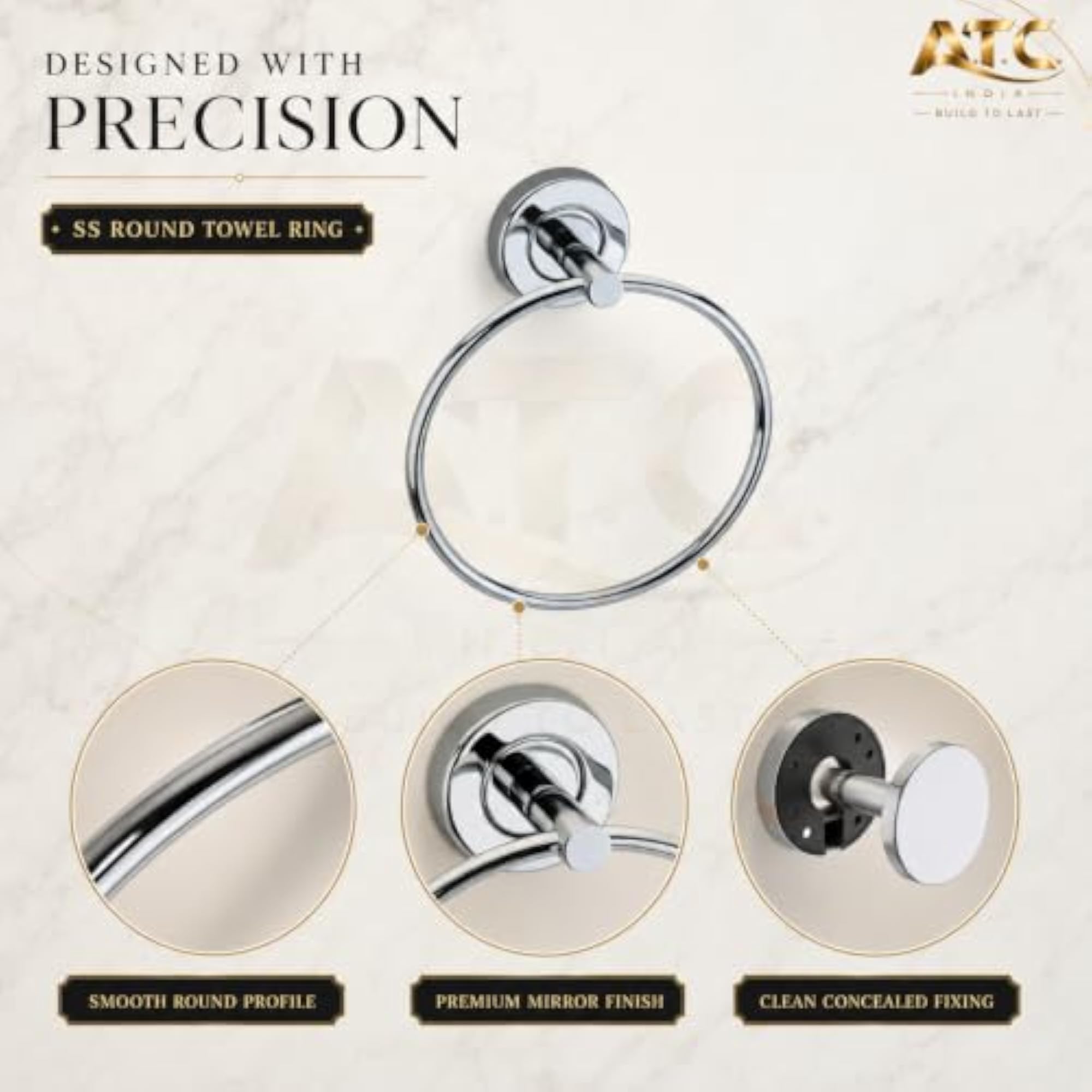 A.T.C. 202 Stainless Steel Round Towel Ring for Bathroom & Kitchen