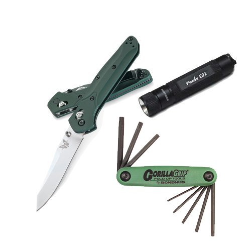 Benchmade Knife 940 Green Aluminum Handle Tanto Plain Edge 3.4" Blade 4.47" Closed Folding Knife w/ Fenix Compact Keychain LED Flashlight and Blue Box Service Kit