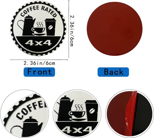 Image of Coffee Badge Rated Car Emblem, 4 x 4 Metal Automotive Badge 3D Metal Car Badges Emblems Round Emblem Decals Car Badge Decals Stickers Compatible with Jeep Wrangler Vehicles Trucks SUV Emblems(ZS074)