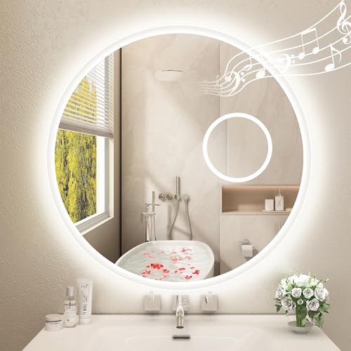 STARLEAD 60cm Runder-Badspiegel-mit-Beleuchtung, Bluetooth, Dimmbar, 3 Farbtemperatur, Entfoggen, Speicherfunktion, HD Hartglas, IP44 Wasserdicht