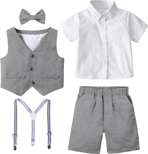Image of A&J DESIGN Toddler Suit Boy Baby Gentleman Easter Wedding Formal Suspender Summer Dress Ring Bearer Outfit Grey 2-3T, Gray