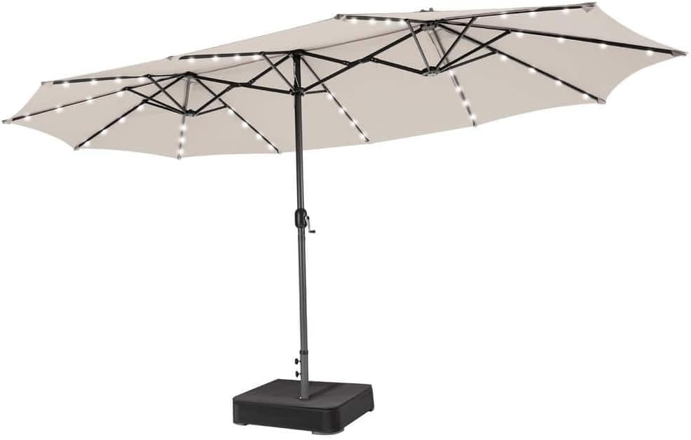 15ft Large Patio Umbrella with 3 Solar panels, 48 Solar LED Lights Base Included, Outdoor Double-Sided Rectangle Market Umbrella with Crank Handle, Perfect for Pool, Lawn, and Garden
