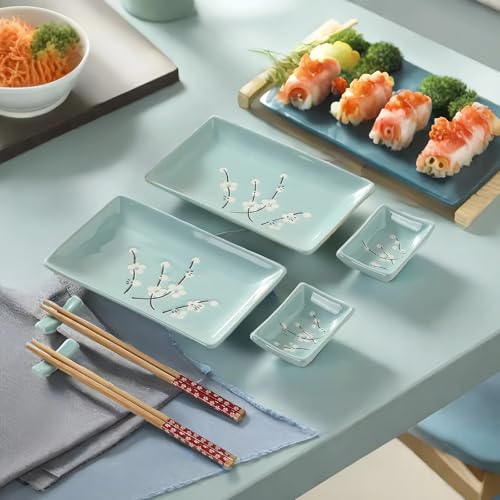 Image of 8 pcs Japanese Sushi Plate Sets Serving Platters and Trays for Entertaining Sushi Dishes Set Plates Sushi Plates Traditional Cuisine Dinnerware Sets with Chopsticks Blue Plum