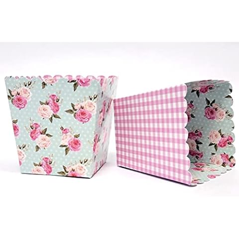 Shabby Chic Floral Favor Snack Boxes for Girls Birthday Parties, Boho, English Tea Party/Baby/Bridal Showers/Weddings. Set of 12 Reversible Pink Gingham, Vintage Floral print Scalloped Popcorn Boxes Cover