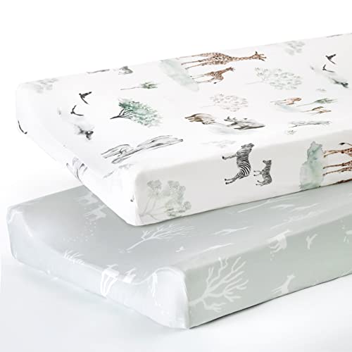 GRSSDER Stretch Ultra Soft Jersey Knit Changing Pad Cover Set 2 Pack, Change Table Pad Covers Fit 32″/34″ x 16″ Pads Safe and Snug, Pretty Pattern for Boys and Girls, African Savannah Animals
