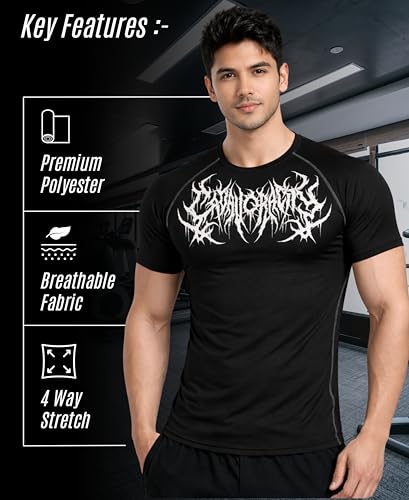 Image of BULLAR Men's Polyester Blend Compression T-Shirt, Half Sleeve Athletic Sports Tight, Crew Neck, Slim Fit Tshirt for Fitness and Workout