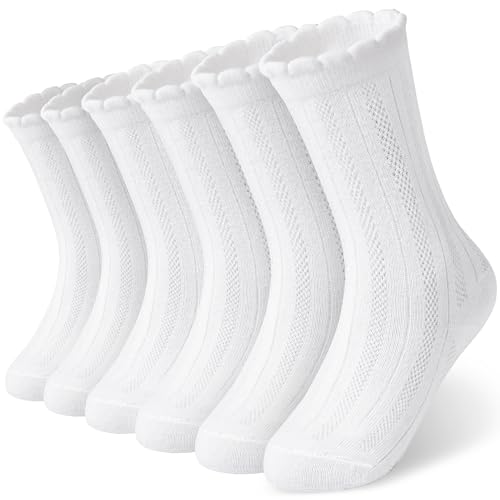 HONGTEYA Ruffle Socks for Girls Kids Cotton Crew Ankle Cute Frilly Dress Socks (US, Age, 6 Years, 8 Years, White)