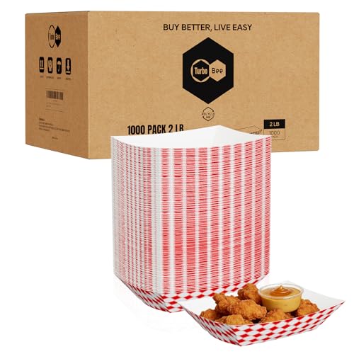 1000 Pack 2lb Red White Checkered Paper Food Trays, 1000 Pack Bulk - Commercial Heavy Duty Grease Resistant Trays for Restaurants, Concessions, Delivery