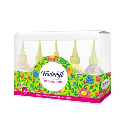 Fevicryl 3D Outliners Regular Kit 20ml x 5 | Fabric and Multi-Surface 3D Outliners Assorted Pack, Multi Colour | DIY Art & Craft | Ideal for Artists, Gifting