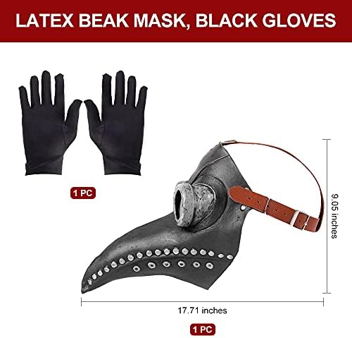 Plague Doctor Mask Halloween Bird Mask Retro Rivet Steampunk Latex Mask Halloween Costume Props with Black Hooded Cloak, Black Gloves for Halloween Party Cosplay Masquerade
