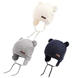XIAOHAWANG Baby Hat Cute Bear Toddler Earflap Beanie Warm for Fall Winter (A-Set Grey+White+Navy, M(6-12 Months))