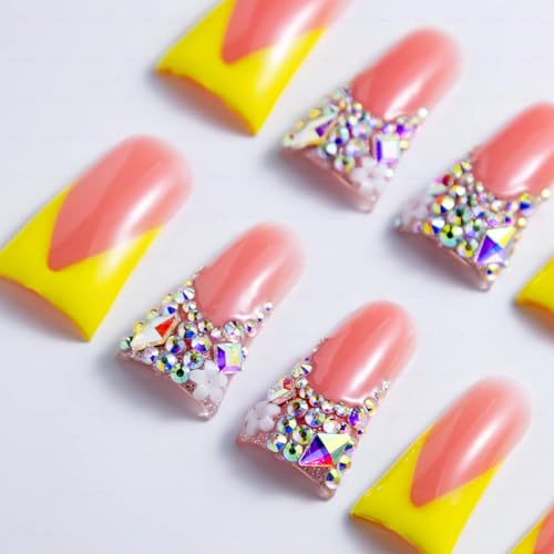 IntoVibes 10 Pieces Luxury Acrylic Press On Nails Long Handmade Duck Nails, Yellow Thickened False French Nails, With Bling Rhinestones & Y2K Princess Vibes, Reusable Acrylic Nails (S) — view 2