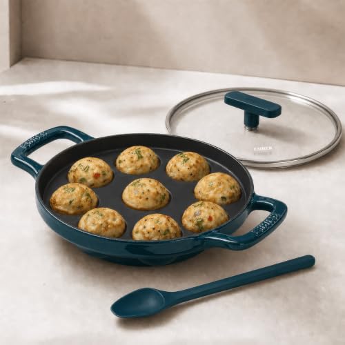 Image of Ember TitaniumClad Cast Iron Appe Pan 20 cm with Glass Lid | 9 Cavities | Rust-Proof Titanium Enamel, Lesser Seasoning Paniyaram Pan | Low-Oil Paddu Maker | Teal