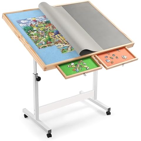 Vasitelan Adjustable Wooden Jigsaw Puzzle Table with Wheels, Puzzle Tables Fits 1500 Piece Puzzles,Wooden Puzzles Board for Adults (Blue, with 2 Drawer) Cover