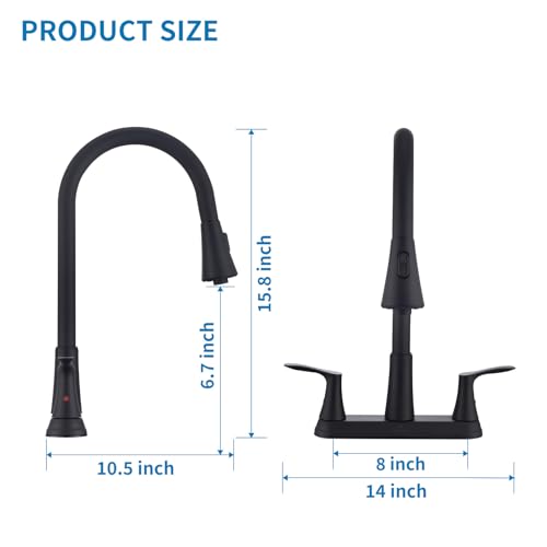 HOMELODY 2 Handles Kitchen Faucet with Pull Down Sprayer for 3 Hole Sink, 8 inch 360° Rotating Spout Centerset Kitchen Sink Faucet with Water Lines Matte Black by HOMELODY - Image 7