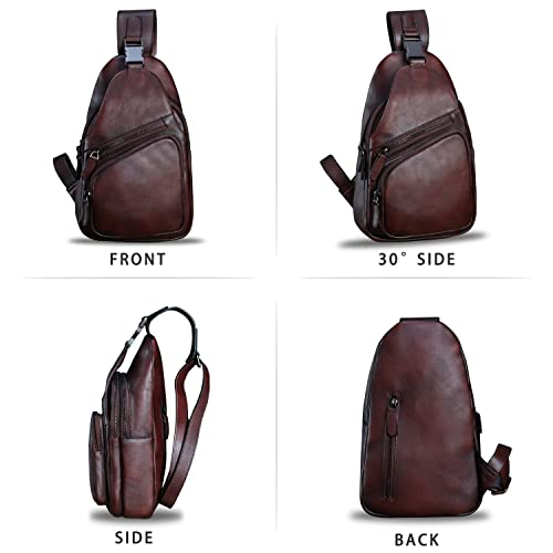 Genuine Leather Sling Bag Crossbody Purse Handmade Hiking Daypack Motorcycle Bag Retro Shoulder Backpack Vintage Chest Bag (Coffee)4