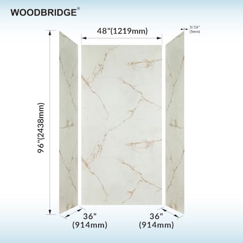 Image of WOODBRIDGE 48 inchW x 36 inchD x 96 inchH 3-Piece Solid Surface Shower Wall Panels, Beige Marble with Soft Brown Veining, Trimmable, Quick Install, BRW-4836-CO96