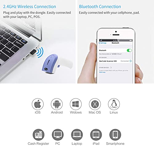 Alacrity Bluetooth Barcode Scanner Handheld Usb Wireless Bar Code Reader Scanner Compatible 2.4G Wireless & Bluetooth Function & Wired Connection For Pc Laptop Tablet Smart Phone #TOP3