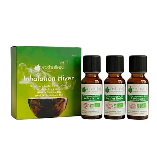 VOSHUILES - Kit d'huiles essentielles BIO Ravintsara- Laurier Noble- Tea Tree 3x10ml - Mon Petit Kit Inhalation Hiver - 100% Pure et Naturelle - HEBBD et ECOCERT