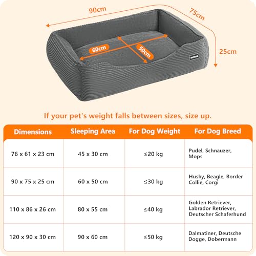 HMTOPE Hundebett, Hundesofa, Hundematte aus Cord, S/M/L, rutschfest, Abnehmbar und Waschbar, Weich und Atmungsaktiv, Mittelgrau, 90 x 75 x 25 cm
