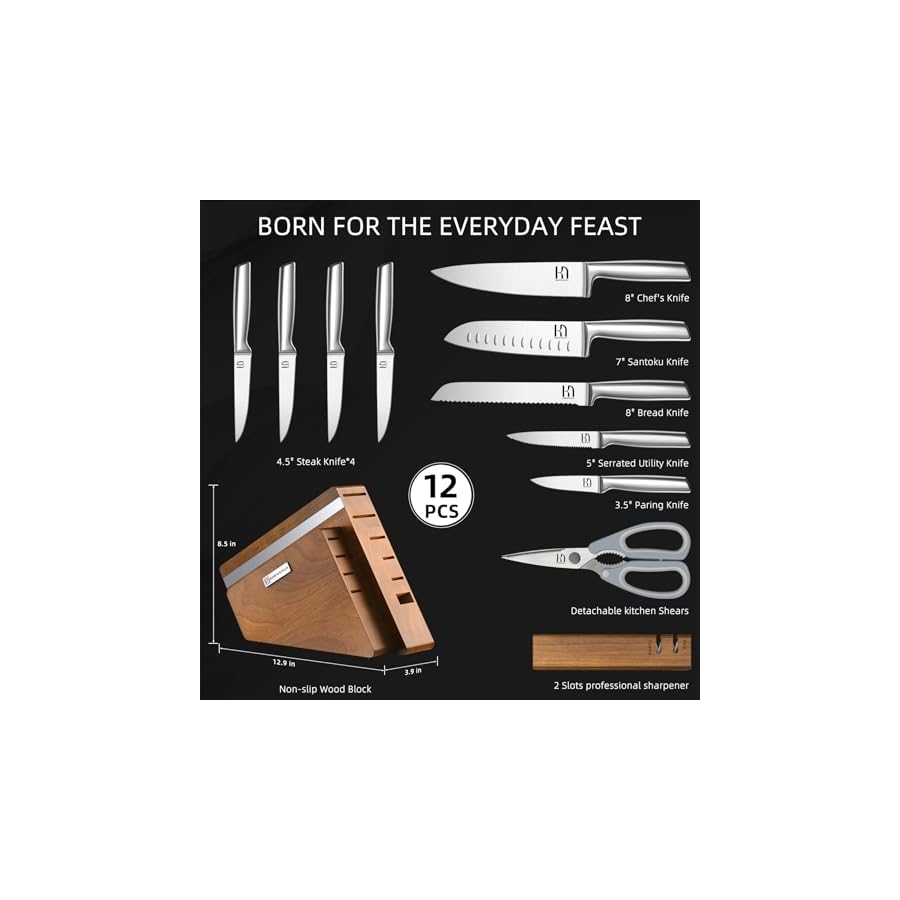 Kitchen Knife Block Set, 12-Piece with Sharpener | Japanese High Carbon Stainless Steel Knives Set for Kitchen