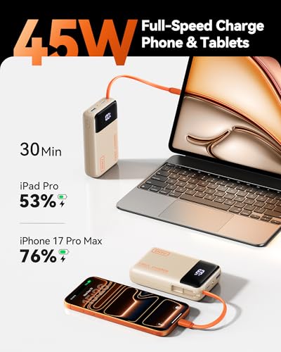 INIU Power Bank 20000mAh, Mały 45W PD Szybkim Ładowaniem Powerbank wbudowany Kabel USB-C, Bezpieczny w Locie Zestaw akumulatorów do iPhone 17 16 15 14 13 12 Samsung S26 S25 Xiaomi iPad, Beżowy