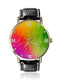 Quarz-Armbanduhr in Regenbogenfarben für Damen und Herren, Business, Freizeit, Unisex, Lederarmbanduhren, Schwarz