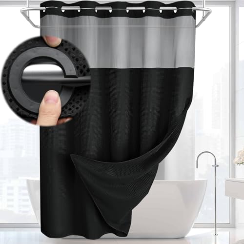 XOGUIBO No Hook Shower Curtain and Liner Set Black Hotel Waffle Shower Curtain with Liner 75 L x 72 W