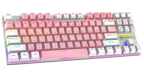 UCHUANG English Arabic Mechanical Gaming Keyboard with RGB LED Rainbow Backlit, Quick Response USB Wired E-sport Waterproof 87 Keys Keyboard for Windows/MacOS/Android PC Gamers - Powder White