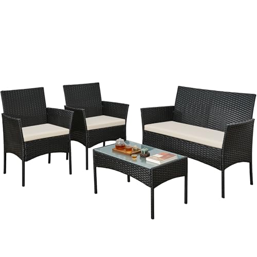 Image of rattanstar 4 Piece Rattan Garden Furniture Sets, Outdoor Patio Conversation Set with Loveseat, Armchairs, Glass-Top Coffee Table, Cushions, PE Wicker Sofa Set for Balcony Backyard Conservatory