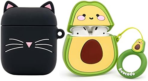 Mouzor 2 PACK Cute Avocado Airpods Case, Black Whisker Cat Airpods 2 Case, Funny 3D Cartoon Soft Silicone Full Protection Charging Cases Cover with Keychain for Airpods 1st Generation, 2nd Generation