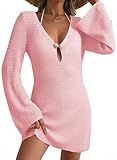 Dokotoo Cover Ups for Swimwear Women Summer Beach Vacation Clothes for Women Fashion Sexy Deep V Neck Crochet Knit Cover Up Dress Bell Long Sleeve Bikini Swimsuit Coverup Resort Wear Pink Small