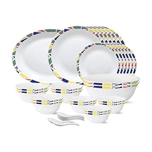 Larah by Borosil - Tiara Series, Garnet, 33 Pcs, Opalware Dinner Set, White