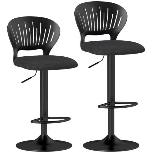 Homcom Juego De 2 Taburetes Altos De Cocina Giratorios En 360 , Taburetes De Bar Regulables En Altura De 84-105 Cm, Respaldo Hueco, Reposapiés, Para Comedor, Mostrador, Negro
