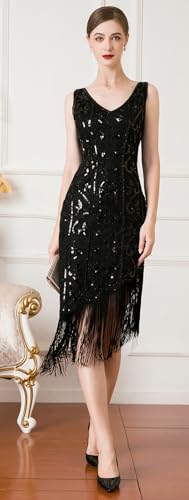Image of Women Flapper Dresses 1920s V Neck Beaded Fringed Great Gatsby Club & Night Out Dresses
