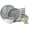 Pokini Gradient Green Stoneware Dinnerware Sets, 12 pcs Reactive Glaze Plates and Bowls Sets, Handmade Ceramic Round Dishes Set for 4, Highly Chip and Crack Resistant Modern Plate Set
