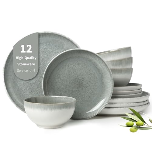 Pokini Gradient Green Stoneware Dinnerware Sets, 12 pcs Reactive Glaze Plates and Bowls Sets, Handmade Ceramic Round Dishes Set for 4, Highly Chip and Crack Resistant Modern Plate Set by Pokini - Used condition - US$53.97