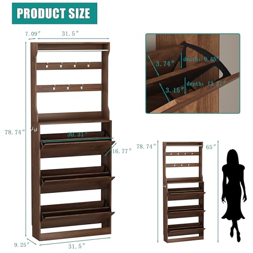 Image of Shoe Cabinet for Entryway with 3 Flip Drawers, Walnut Tall Wood Shoe Storage Cabinet with Coat Rack, Narrow Hidden Slim Freestanding Shoe Rack Organizer, 2 in 1 Hall Tree for Living Room, Hallway