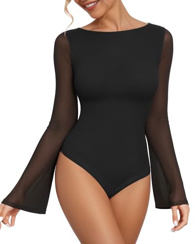 MANGOPOP - MANGOPOP Women's Boat Neck Bell Sleeve Bodysuit Sexy Sheer Mesh Double Lined Body Suits Going Out Tops (Black, Small) - -25%