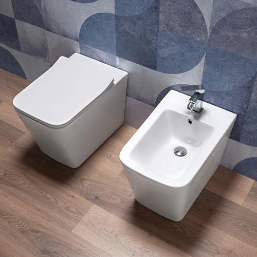 Coppia Sanitari bagno a terra in Ceramica Bianco Lucido - WC Rimless, Bidet, Sedile Soft Close, Sgancio Rapido, Risparmio Idrico, Fissaggi Inclusi, Installazione Parete o Pavimento - Mod.WhiteFloor 3