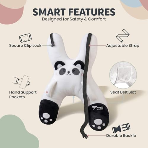 Image of Kids Car Sleeping Pillow, H-Shaped for Neck & Back Support, White Panda | Hands & Seat Belt Slot, Machine Washable & Compressible, Perfect for Car, Plane, Train, Boat & More