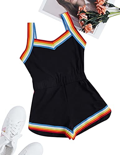 Milumia Girl's Casual Rainbow Striped Romper Sleeveless Spaghetti Strap Short Jumpsuits Playsuit Black 10 Years #TOP1