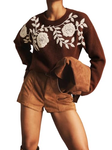 Verdusa Women's Fall Outfits Boho Vintage Sweaters Floral Embroidery Tops