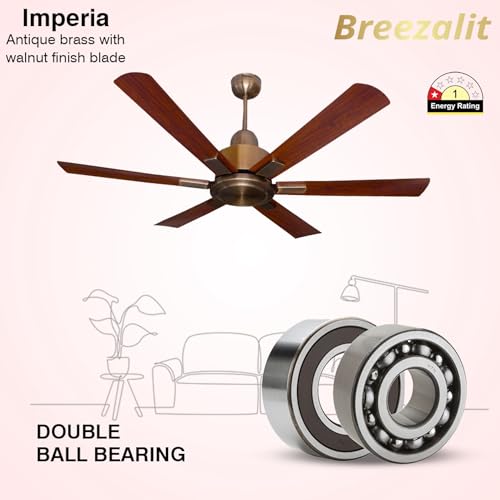 Image of Breezalit Imperia 1200 mm (48 Inch) 6-Blade Designer Ceiling Fan | 80 W Powerful Copper Motor | Antique Brass Body & Walnut Finish Blades | Silent High-Airflow | 2-Year Warranty