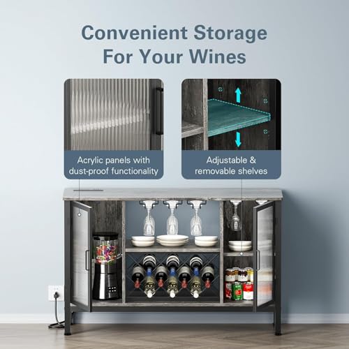 Zarler Wine Cabinet for Home, LED Wine Bar Cabine for Liquor and Glasses with Power Outlet and Light (Dark Grey)
