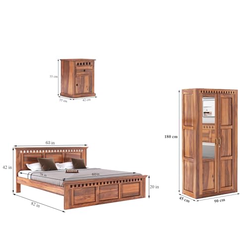 Image of SONA ART & CRAFTS Kuber Solid Sheesham Wood Bedroom Set | Queen Size Bed Without Storage, Wardrobe & Two Bedside Tables - Natural Finish (Assembly Included)