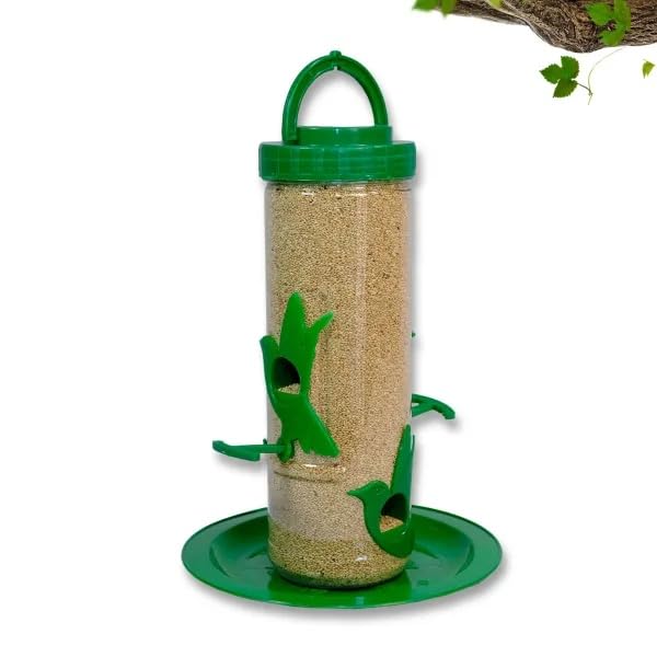 Image of Amijivdaya Medium Hanging Bird Feeder for Garden Balcony | 4 Feeding Ports | 700g Seed Capacity | Food-Grade Plastic | Easy Refill & Weatherproof (Green, Pack of 2)