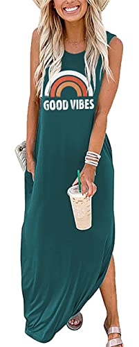Image of Good Vibes Rainbow Graphic Dress Womens Sleeveless Pocket Maxi Dress Hawaiian Beach Tank Dress