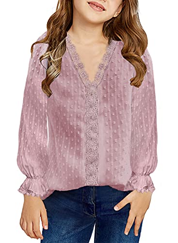 Dokotoo Girls Cute V Neck Ruffle Long Sleeve Princess Tee Shirts Solid Color Lace Crochet Pom Pom Loose Soft Chiffon Boho Blouses For Teen Girl Tunic Tops Size 6-7 Pink #TOP24