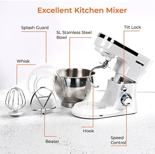 Geepas Stand Mixer, 1000W Tilt-Head Food Mixer | 5L Kitchen Electric Standing Mixer With Dough Hook, Whisk, Beater & Stainless Steel Mixing Bowl For Baking, Salad | 3-in-1 Cake Mixer, 6 Speed & Pulse